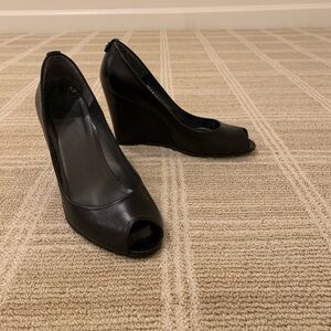 Stuart Weitzman Women’s Black Wedge Heel with peep toe size 7